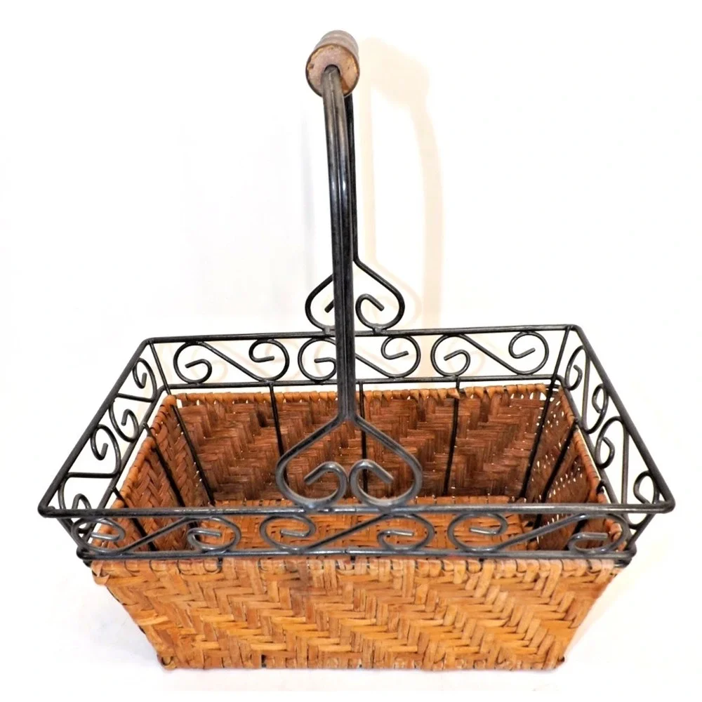 Scrollwork Metal & Woven Wicker Handle Basket - 7x11 x 5